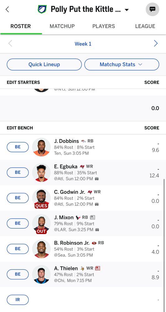 Bench: dobbins egbuka godwin mixon Brian Robinson thielen 