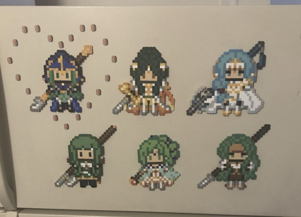 Fridge magnets resembling sprites of some of my favorite FE characters (Nephenee, Elincia, Sigrun, Palla, L'arachel, and Syrene)
