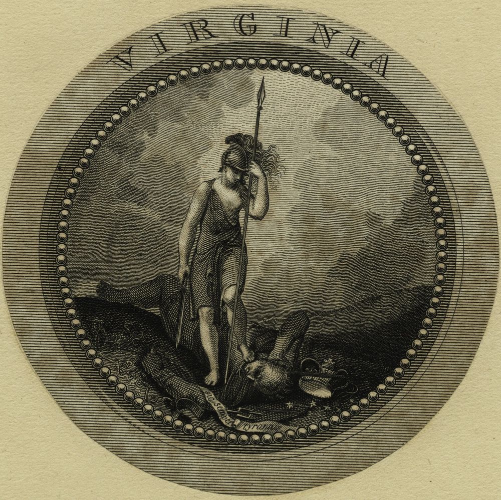 Seal of the state of virginia showing a titty-out dommy mommy stepping on the chest of a king she's presumably just stabbed to death with the spear she holds in her right hand. his discarded crown lies on the ground nearby.

Wikipedia gives this in-depth description:

a female figure personifying the Roman virtue of virtus was selected to represent the genius of the new Commonwealth. Virginia's Virtus is a figure of peace, standing in a pose which indicates a battle already won. She rests on her long spear, its point turned downward to the ground. Her other weapon, a parazonium, is sheathed; it is the sword of authority rather than that of combat. Virtus is typically shown with a bare left breast; this is the only use of nudity among the seals of the U.S. states.

Tyranny lies supine beneath the foot of Virtus, symbolizing Great Britain's defeat by Virginia. The royal crown which has fallen to the ground beside him symbolizes the new republic's release from the monarchical control of Great Britain; Maryland, Virginia and New York are the only U.S. states with a flag or seal displaying a crown. The broken chain in Tyranny's left hand represents Virginia's freedom from Britain's restriction of colonial trade and westward expansion. The useless whip in his right hand signifies Virginia's relief from the torturing whip of acts of punishment such as the Intolerable Acts. His robe is purple, a reference to Julius Caesar and the Etruscan king of Rome, Tarquinius Priscus.[citation needed]

The motto selected for the obverse of the Virginia seal is Sic semper tyrannis, or in English, Thus always to tyrants. This is a derived quote from the famous event in Roman history, attributed to Brutus upon his participation in the slaying of Caesar. (Caesar had been named perpetual dictator of Rome in the same year, and some senators believed he had ambitions to abolish the Roman Republic and establish himself as a monarch.)