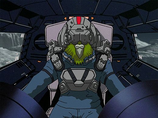 A bird inside of a BattleMech cockpit, beak visible under her neurohelmet, but eyes hidden, is surprised by what she sees. She reaches for a rotating handle, changing the selector from roost, to panic, to squawk. An info screen appears, where all items are replaced by the word Squawk. Maximum Squawk has been achieved.