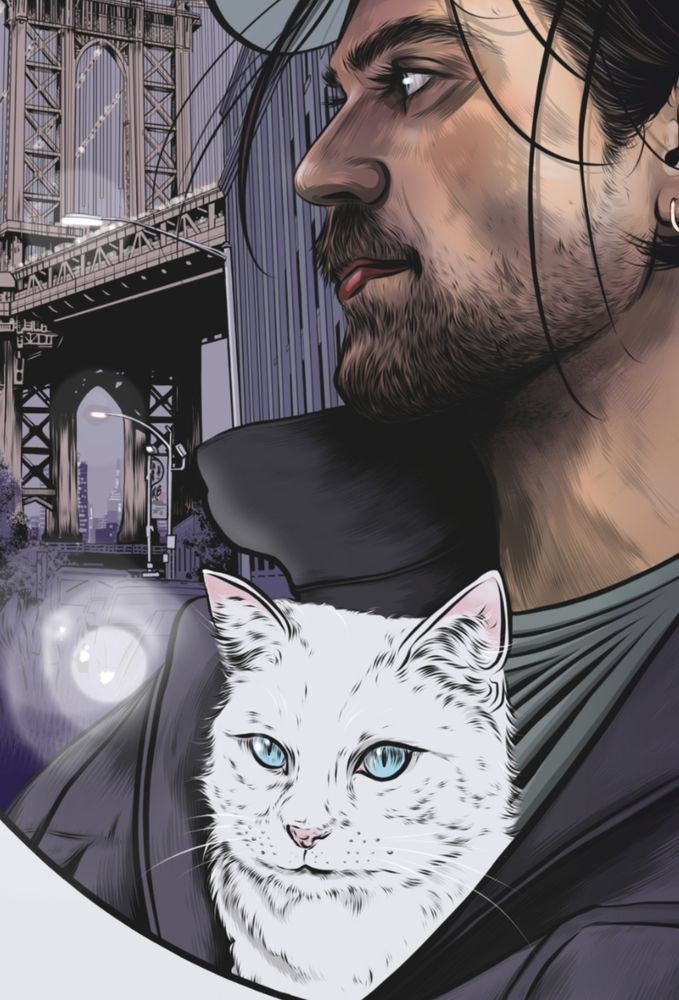 Digital drawing of Bucky Barnes with Alpine tucked into his jacket. 
