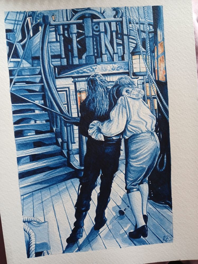 Blue watercolour drawing on paper of Stede and Ed from Our Flag Means Death. They are on deck. Stede helps Ed back inside after their bout of sword play.