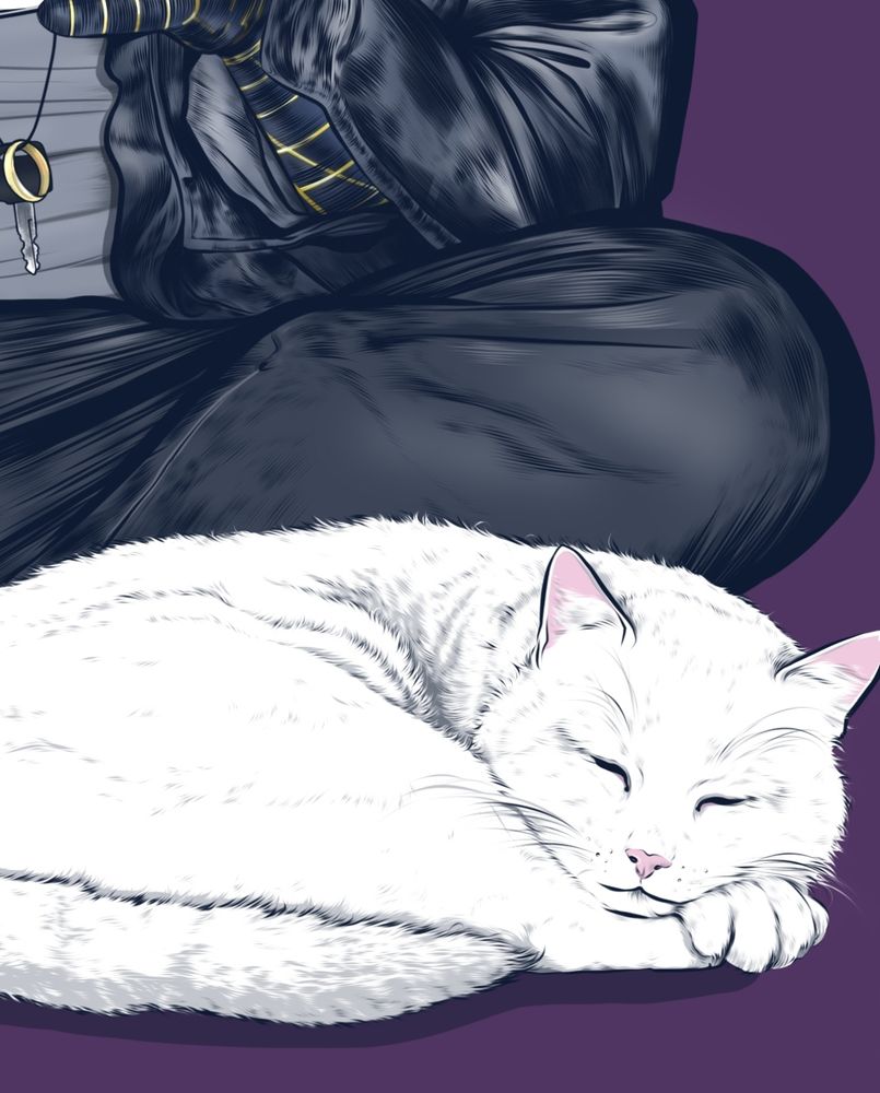 Digital drawing of a sleeping Alpine next to Bucky's knees.