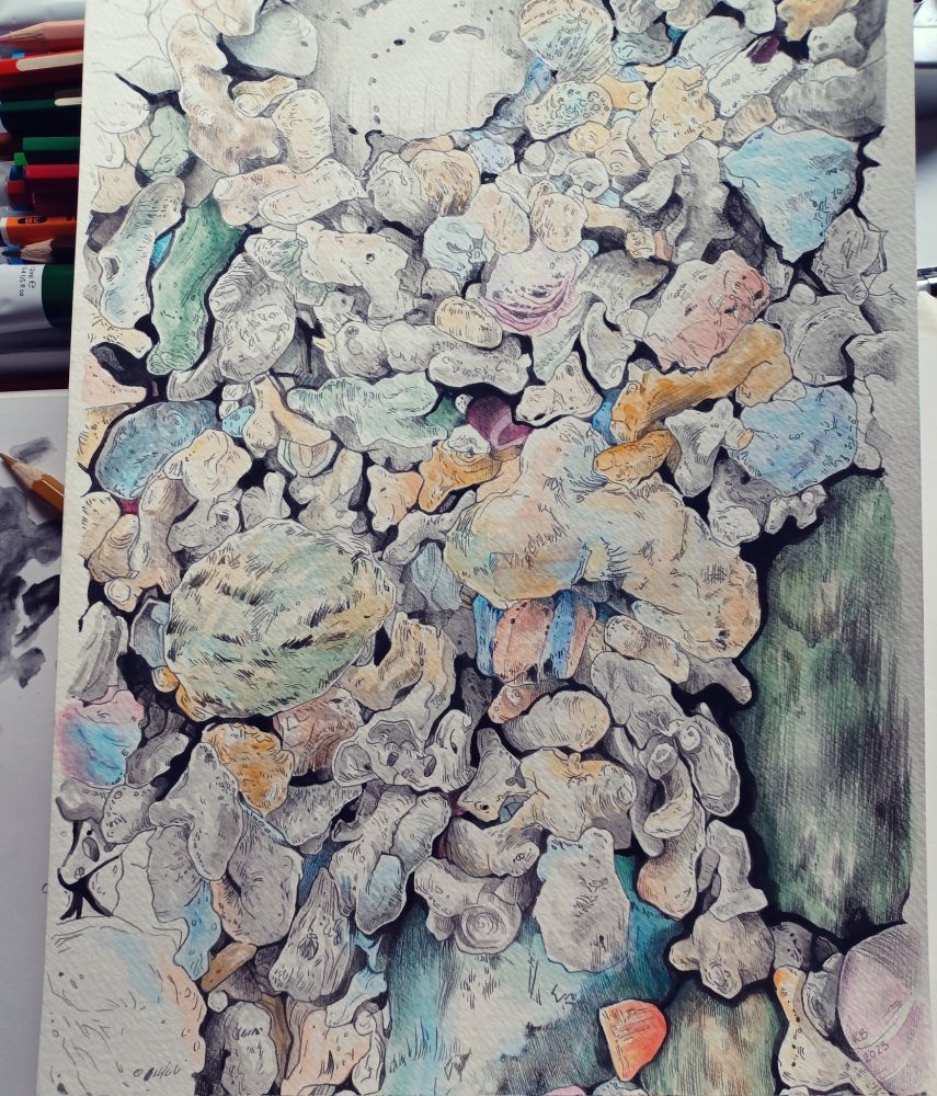 A study of colourful rocks found on a beach. Watercolour on paper.