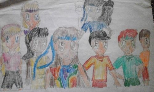 1996 version of Ru, Jayson, Colleen, Randy, and six other Skaeya that haven't been introduced in the comic yet
