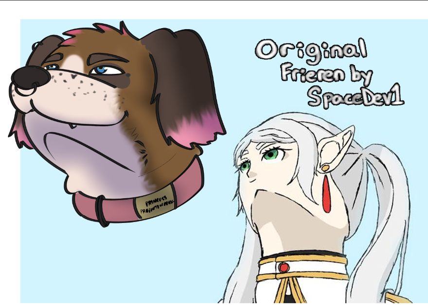 Frieren looking up meme with dog character looking up.