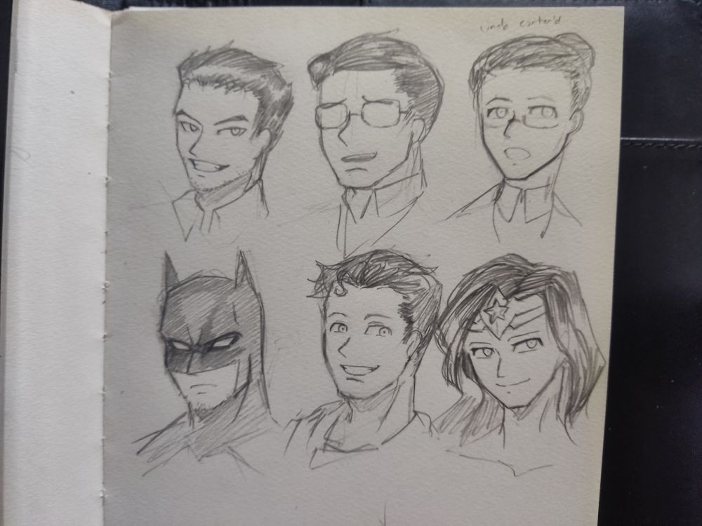 Bruce Wayne Batman, Clark Kent Superman, and Diana of Themyscira the Wonder Woman, drawn with both their civilian and superhero identities in the artist's style. Wonder Woman's civilian identity, Diana Prince, has a writing above her head that reads "Linda Carter'd".
