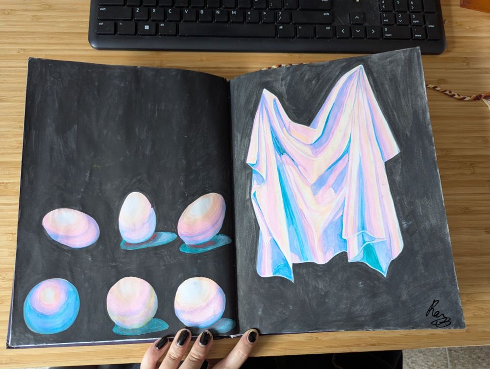 A painting in my sketch book of 3 eggs and 3 spheres on one page and draped fabric on the other. It was an attempt to paint white objects using colour while still trying to make them appear somewhat true to their original colour. Some went better than others. 