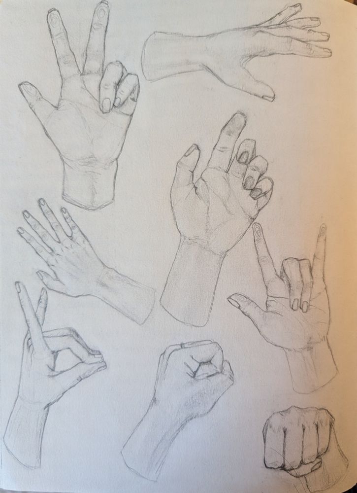 8 pencil drawings of hands in different positions on one page from my Sketchbook