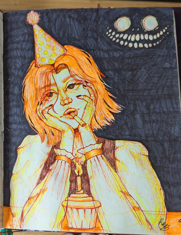 Drawing of person in a birthday hat. She has a cigarette in her mouth and a cupcake with a candle on the table in front of her. With a weird face in the background. 