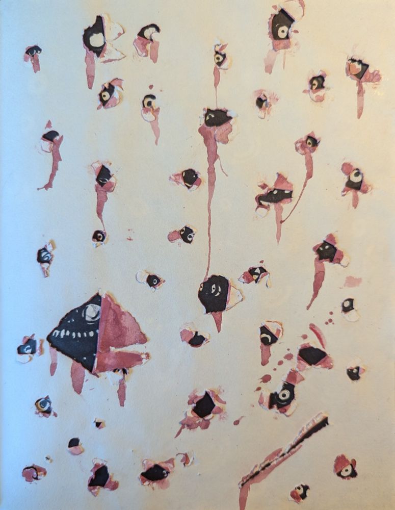 Holes poked into one page of a sketchbook to reveal the next. The holes are painted with watercolor to look bloody. there are weird eyes and faces looking through the holes.