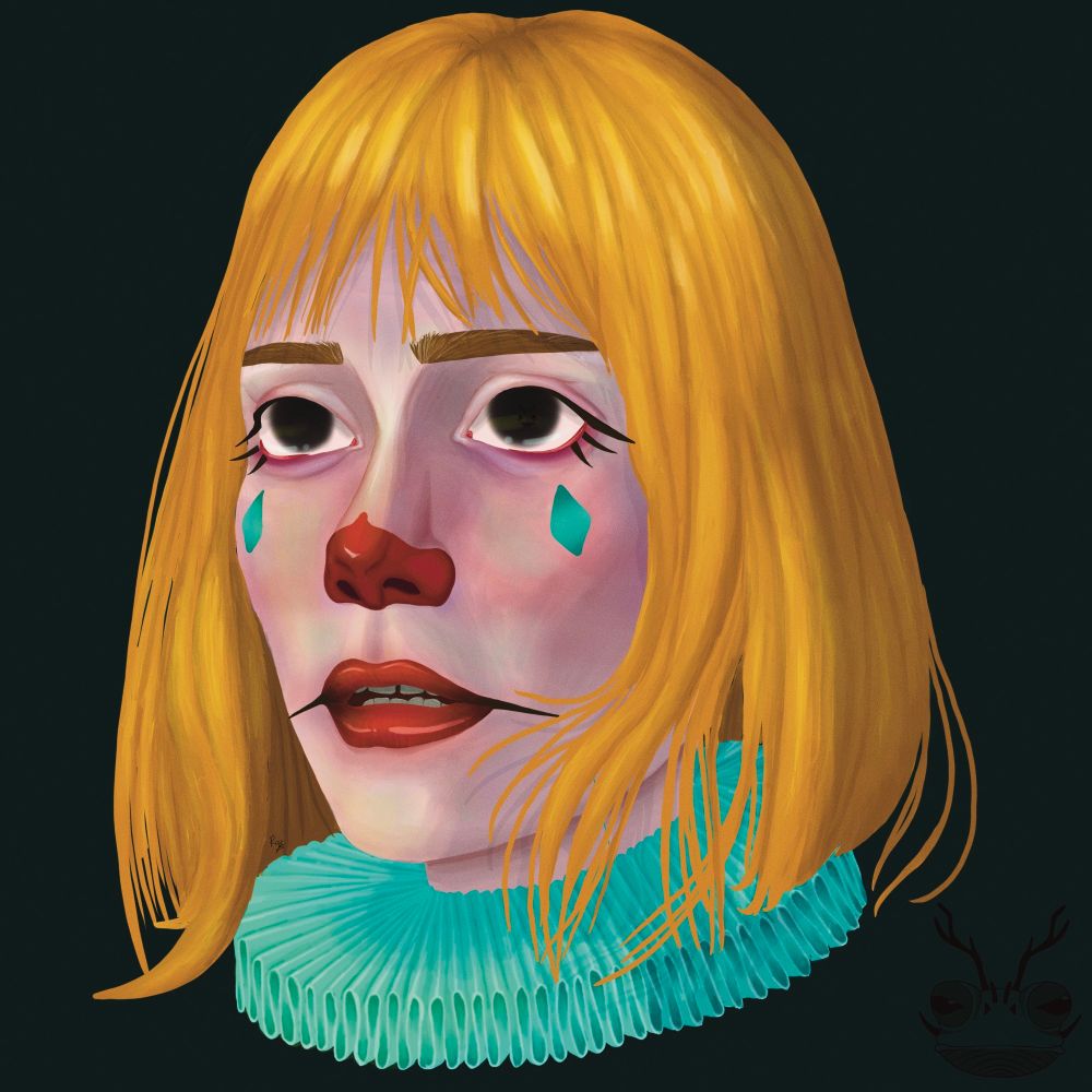 Digital drawing of a clown girl with yellow hair, red and blue make up and a blue ruff collar on a dark background. Made in February 2023