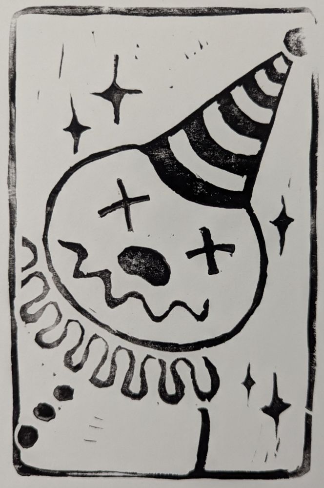 A simple linocut of a bald clown man with a party hat