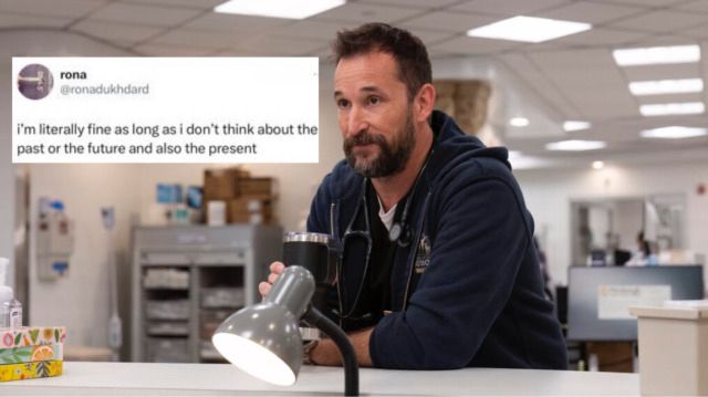 Screencap of Doctor Robby from The Pitt with a tweet from @ronadukhdard that says “I’m literally fine as long as I don’t think about the past or the future and also the present.”