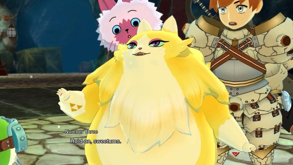A heavily furred and round feline with a yellow coat adresses the viewer. Caption reads: ”Hold on, sweetums”