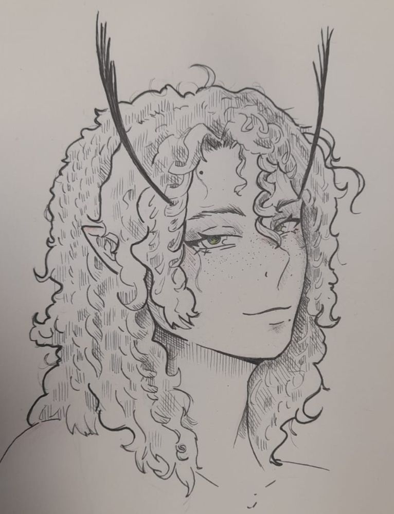 A black and white Liner sketch of a youthful man with long curly hair, freckles, and bug like antenna on his head.