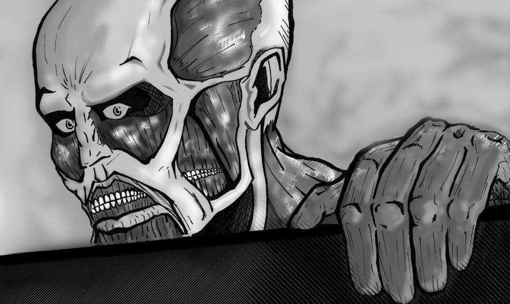 This is a digitally shaded ink artwork of Colossal Titan holding the tip of the outer wall of Shiganshina while looking at the viewer.