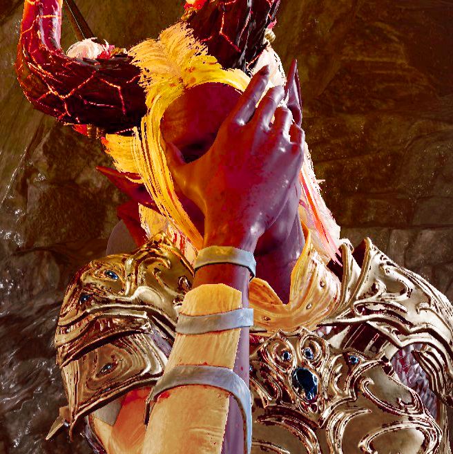 BG3 Screenshot showing Solah as a Dark Urge, a yellow-haired, purple-skinned tiefling. She is wearing fine metal armour. She is covering her face with one clawed purple hand in a done, facepalm pose.