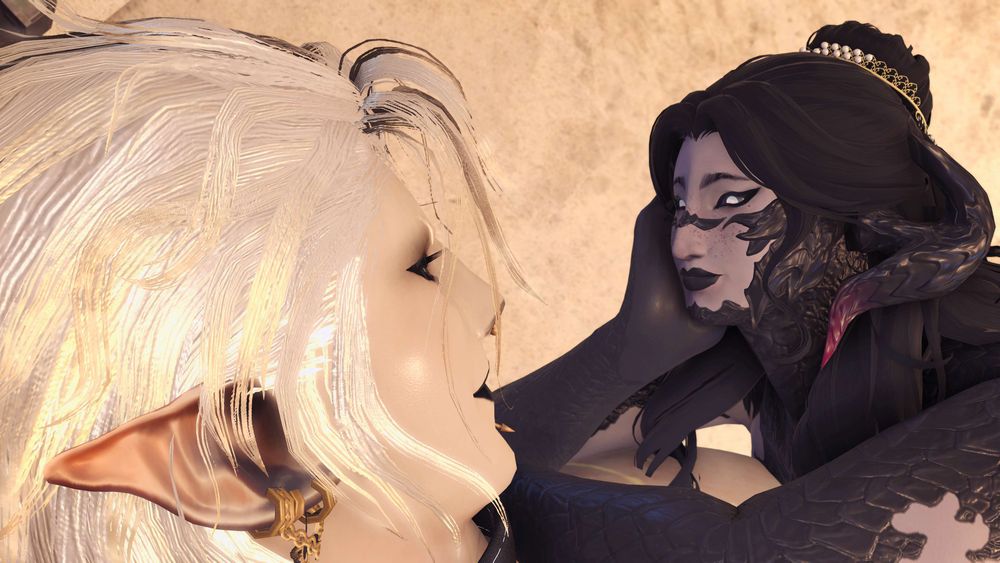 A closeup of the two, focusing on Sappho's expression as her head rests on the palm of her right hand while Mighty smiles back.