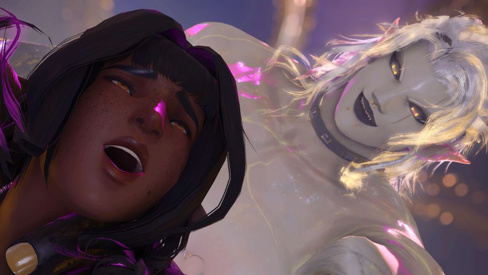 A view from below that captures both women's faces. Maryam is moaning in ecstasy while Mighty looms above and smirks pridefully. The larger woman's fingers clasped around the taker's left shoulder are visible.