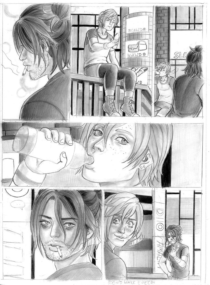 a WIP pencil draft of Prompto trying (and failing) to not stare at Noctis, who is smoking a cigarette.