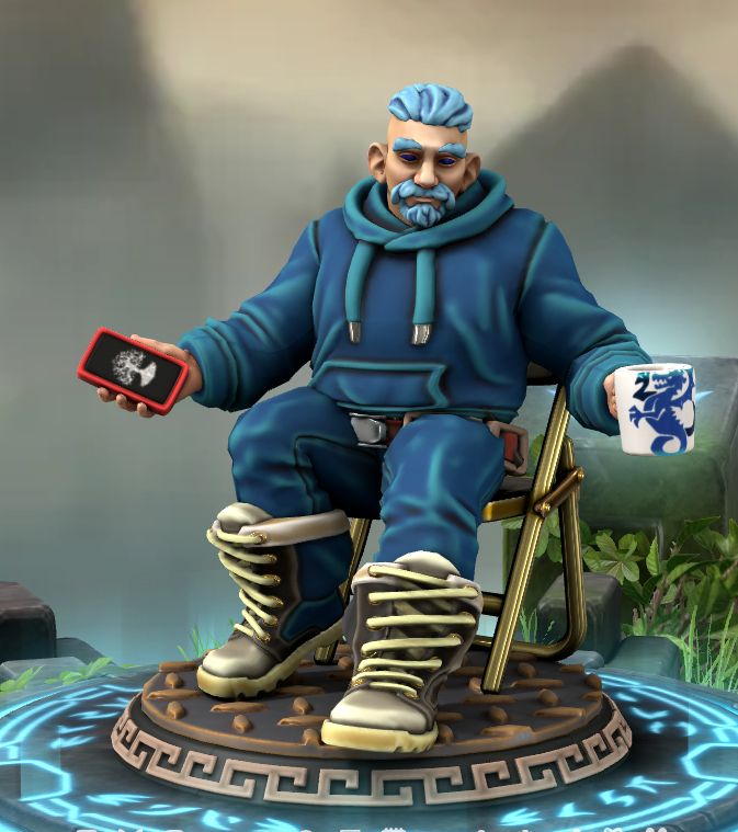 A heroforge mini image. An older fella with blue hair and beard, and a blue hoody and pants, sits on a folding chair. he has big boots, a cup with a little blue wyvern on it, and what looks like a mobile phone with a white tree icon on it. He's wryly amused.