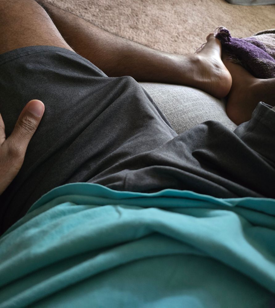 "You horny dog you, lounging on the couch and just letting your hard on show like that thru your shorts, leaving absolutely nothing to the imagination."

A pic of myself on the couch, sporting a hard-on through my nylon shorts which, genuinely leave little to the imagination here.