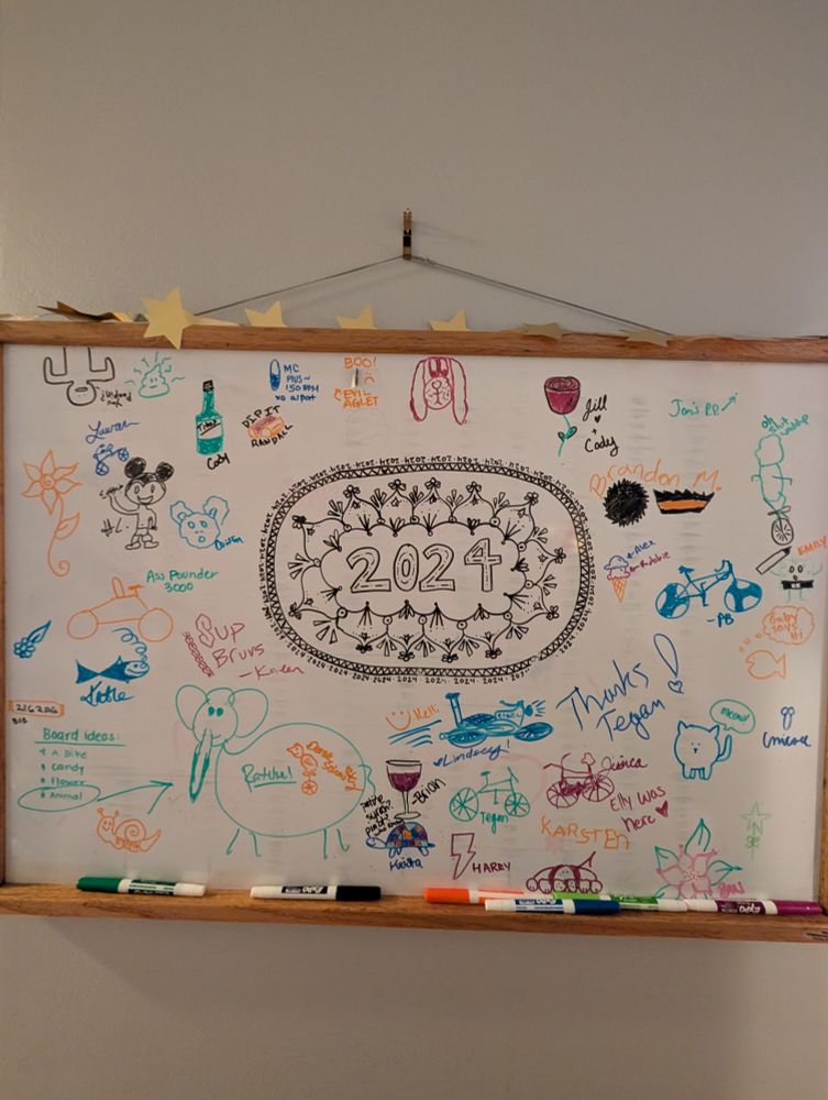 A whiteboard with "2024" in the center ornately decorated and all of our friend's signatures and drawings surrounding it.