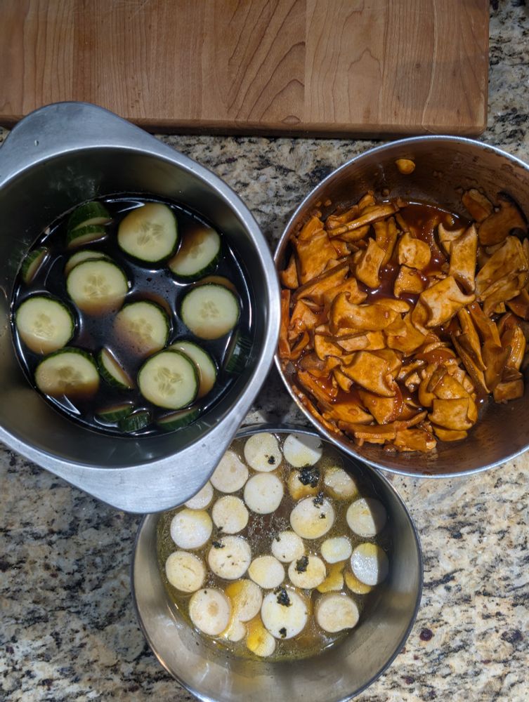Marinating the mushrooms two ways and some cucumbers another