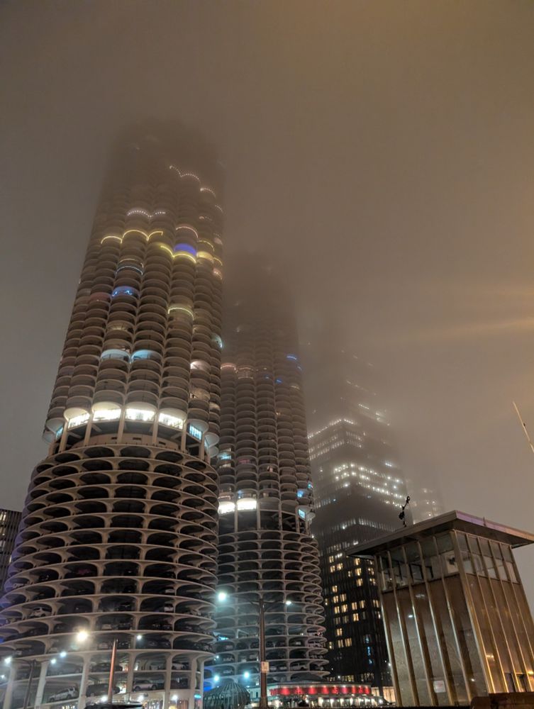 Marina City towers in the fog