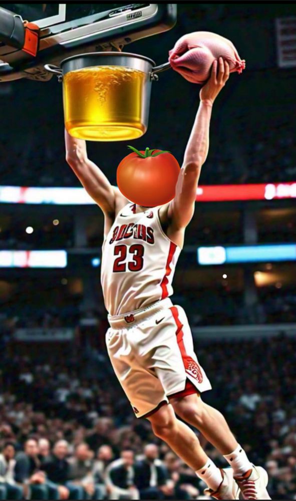 A basketball player with a tomato for a head slam-dunking a raw turkey into a pot of boiling vegetable oil