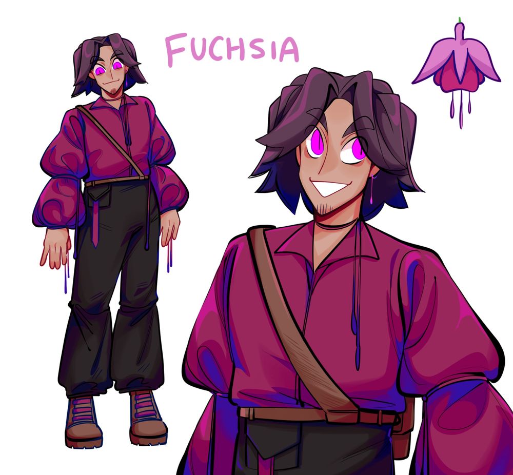 A small character sheet featuring a character called Fuchsia. There are two drawings of him, one is a half body and one is a full body. He has mid length brown hair and is wearing a vibrant pink flowy shirt and black trousers. His eyes are bright magenta. On the top left of the sheet there is a drawing of a fuchsia.