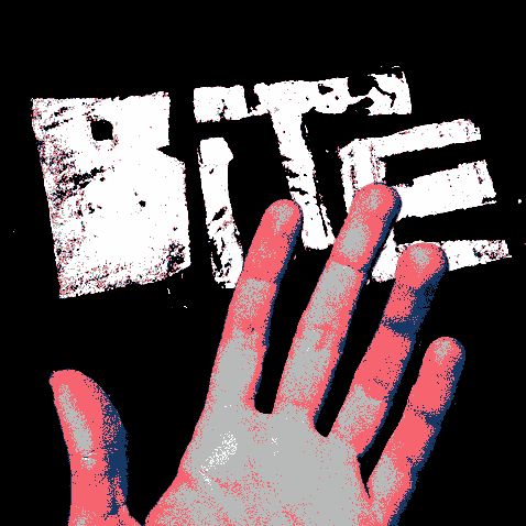 Game logo: BITE. A hand opening and closing into a fist.