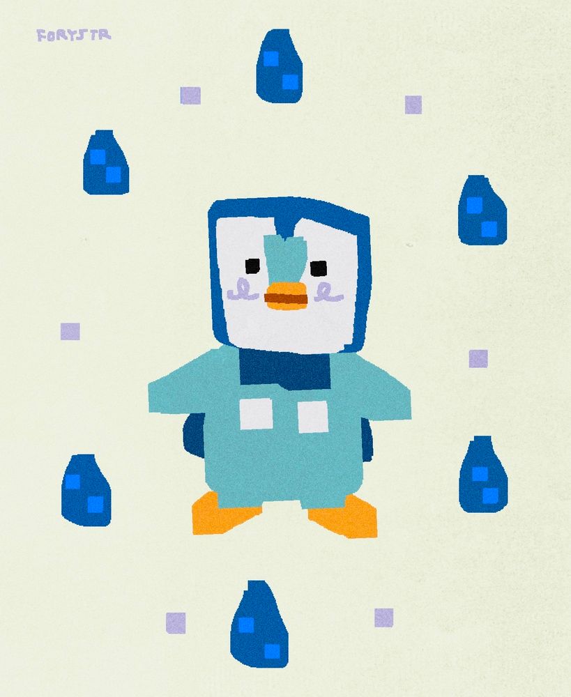 a blocky drawing of the Pokémon piplip surrounded by waterdroplets 