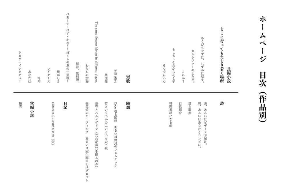 ホームページ　目次（作品別）

【長編小説
どこに行ってもたどり着く場所】

あくびもせずに、しずかに話す。
カルシファーのようだ。
これか？
もしもしそれから花と芋
そんぐらいん

【短歌】

Still Alive
異性愛
The same flowers bloom in different places.
わたしの雲海
拝啓、無料版、
べあーす・はず・かむ！〜ぼくらの夏の一里塚〜
懐かしさ
レアケース
今年
あなたは
トカゲ・インタビュー

【詩】

山、あるいはピザーラお届け。
川、あるいはあなたとコンビに。
盆と散歩
自己紹介
料理番組になる前

【随想】

Coco壱と国鉄　あるいは野良のフェムテック
竹といくつかの（いくつもの）疵
墓守とハルマゲドン（だれが墓穴を掘るのか）
金魚娘のモーフィング　あるいは室生犀星とメダロット

【日記】

２０２３年１２月２９日（金）

【掌編小説】

桜雪