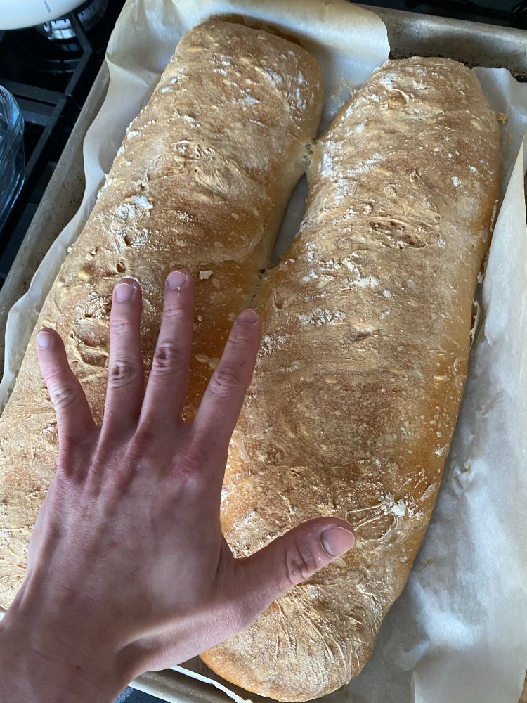 Hand in front of two baked baguettes