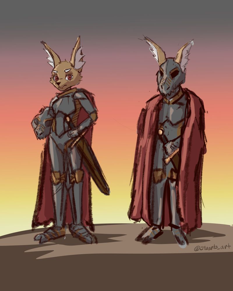 An image of two versions of a fox dragon knight. 

Left: A brown anthro fox in a gray suit of armor. The joints accent the armor with a dull bronze. A faded red cloak at their back. The knight is facing the viewer. In their right arm, a helmet in the shape of a dragons head. The left arm is holding the hilt of a sheathed longsword with a bronze pommel and guard.

Right: the same knight, but wearing the helmet. The cloak is now over the shoulders of the armor, looking like wings. The left hand is still on the hilt of the sword.

