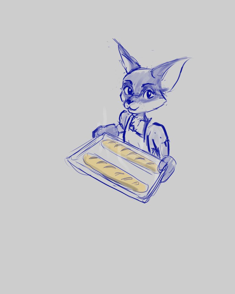 Sketch of a fox fursona holding a pan with two baguettes
