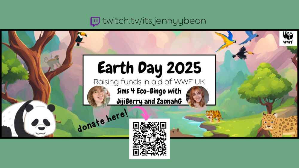 A graphic advertising the above mentioned stream. Featuring a QR code to donate and art work from WWF showing cartoon style animals in a rainforest setting.