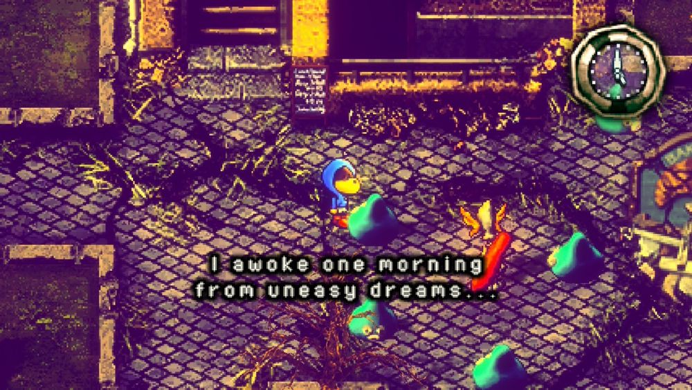 Screenshot from Stray Children. Main character talks to a slime who says: "I awoke one morning from uneasy dreams..."