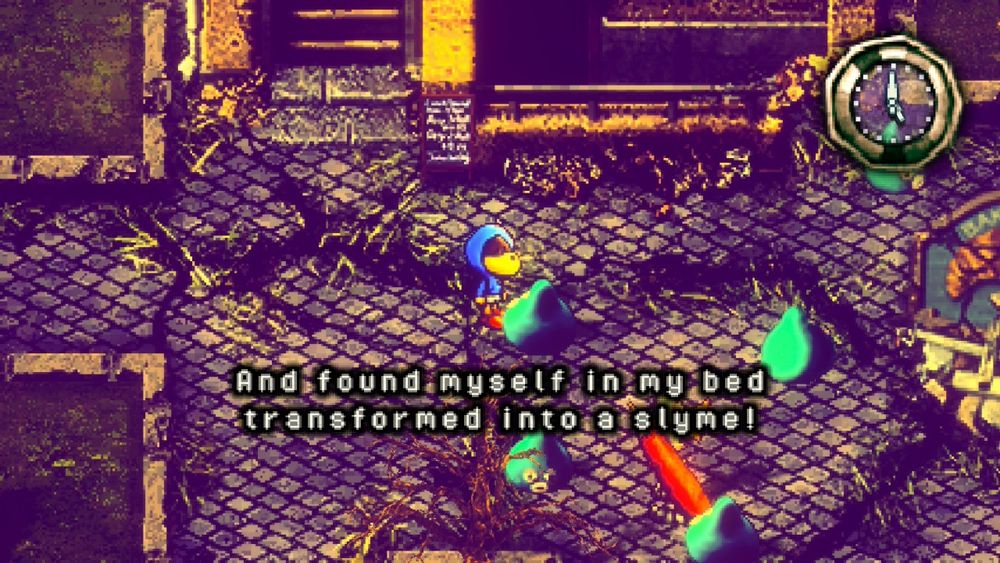 Continued dialogue from the last screenshot: "And found myself in my bed transformed into a slyme!"
