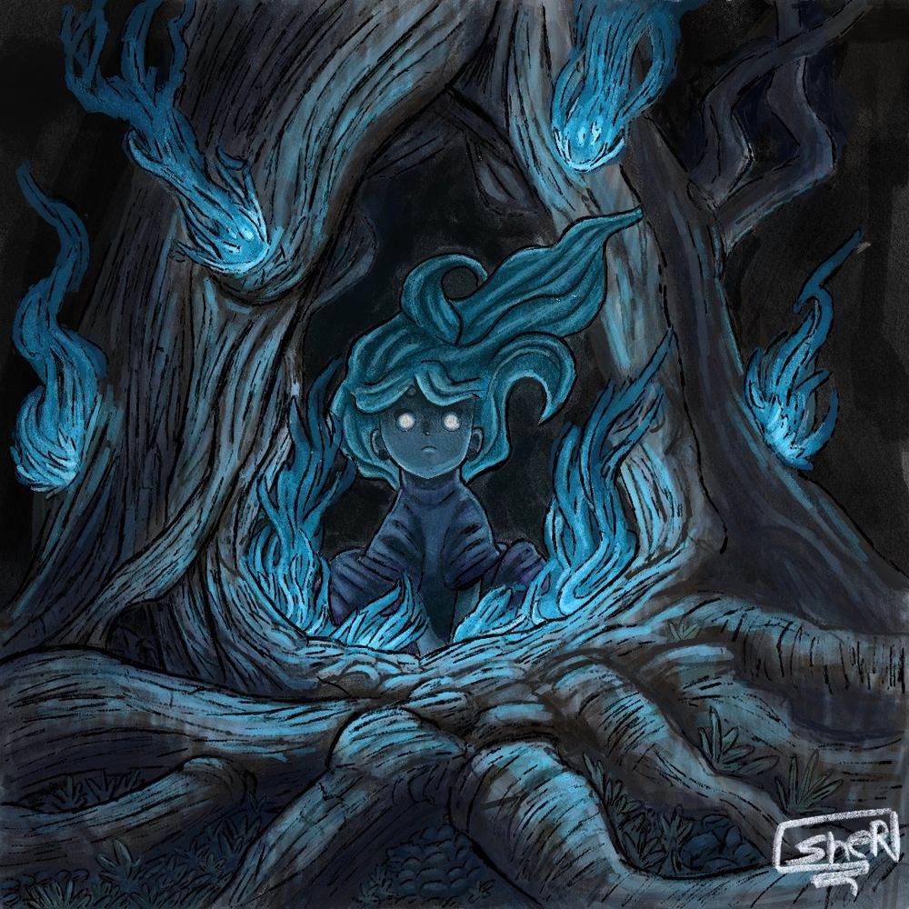 Uma menina misteriosa está encarando fixamente dentro do buraco de uma árvore enquanto chamas azuis flutuam ao seu redor