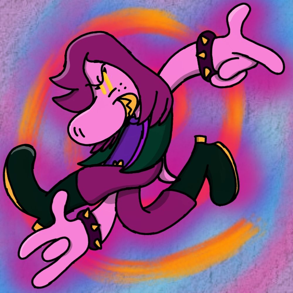 Susie from Deltarune, mimicking a pose closely resembling the one from Sonic Adventure's box art.