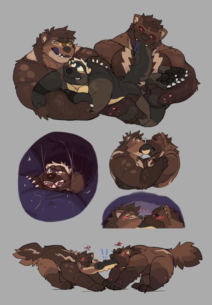 Higgsart
two wolverines slurping down a martin, their muzzles meet like they were sharing noodle's, after a moment thu they start a tug of war for the prey
