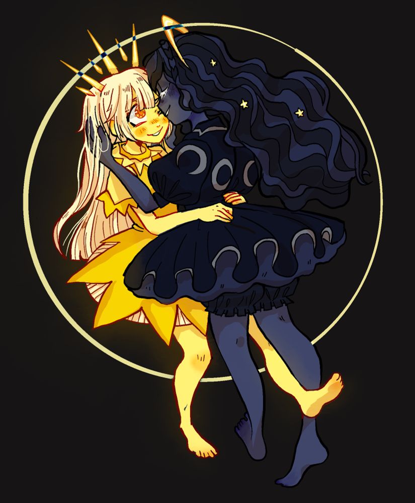 two girls in an embrace representing the Sun and moon in the eclipse!