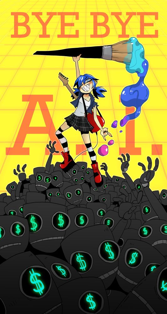 A poster design of a punk rock girl with a guitar and a giant paintbrush, standing over a pile of moneygrubbing bots. 
