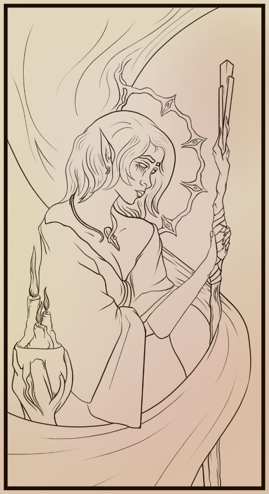 (almost) final lineart of an eleven witch. Magical energy swoops down from the bottom of the page, around her stave, and into the bottom corner. Her eyes are blank, her robes loose, and she is lit by a gaggle of dribbling candles. 