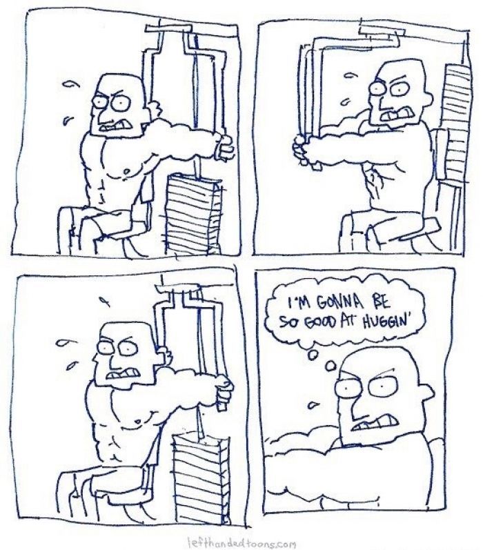 Four panel comic from lefthandedtoons of a man using pec flye machine, concluding "I'm gonna be so good at huggin'"