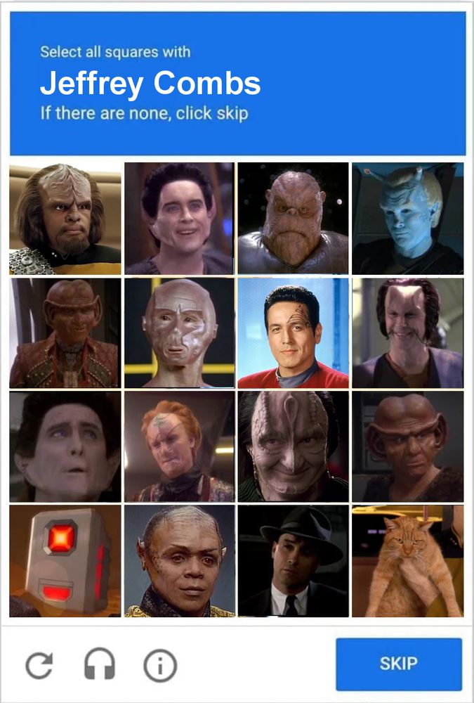 A capatcha asking to select squares with Jeffrey Combs, featuring characters he had played plus other random characters