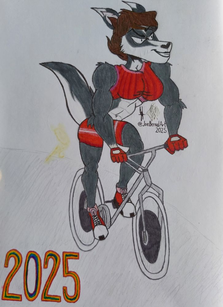 Colored sketch of Naomi blissfully riding a bike 

Naomi Belanger 🇨🇦🦡 ©️ Myself
